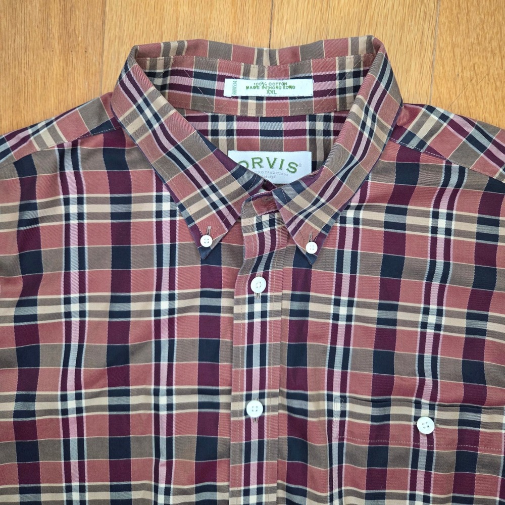 Vintage Orvis Plaid Button Down Shirt XXL Burgundy Tan 100% Cotton Long Sleeve